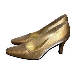 Stuart Weitzman Womans Size 6 Gold Satin Square Toe Pumps High Heel Shoes